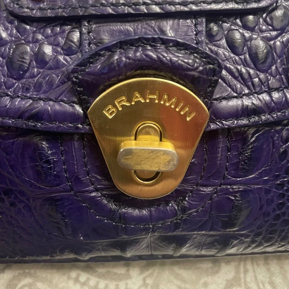 Brahmin Purple Croc Embossed Leather Crossbody Bag Turn Lock Gold Hardware